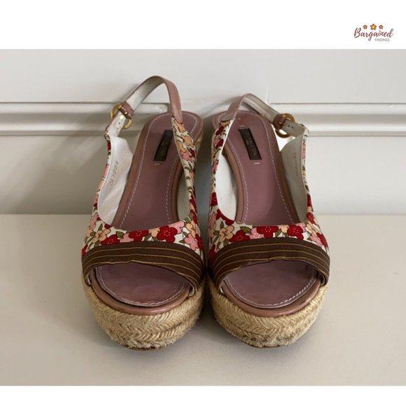 Auth LOUIS VUITTON Floral Satin Fabric Patent Ankle Strap Espadrille Wedge 7.5 - Picture 4 of 15